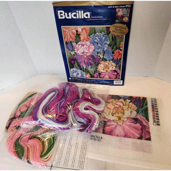 Vintage Bucilla Needlepoint Kit #4725 Iris Paradise 14" x 14" No Needles - Picture 3 of 6